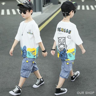 สินค้า ⛅เสื้อผ้า​เด็ก เสื้อผ้าเด็กชาย เสื้อผ้าเด็กโต เสื้อผ้าเด็กสไตล์เกาหลีแฟชั่นลำลอง เซ็ตเสื้อยืดแขนสั้น+กางเกงยีนส์