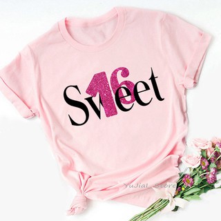 เสื้อยืด Vogue Sweet 16 Print Tshirts Women Queen16th/18th Birthday Gift T Shirt Femme  Shirt Summer Fashion T-S