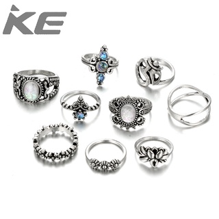 Set Ring Vintage Oval Imitation Opal Flowers Lotus Drops and Diamonds 9 Piece Rings for girls