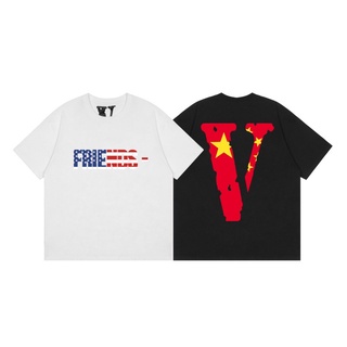 เสื้อยืดTrend Vlone USA Big V Print Couples Cotton T-Shirts Sports Short Sleeve Tops All-match Unisex