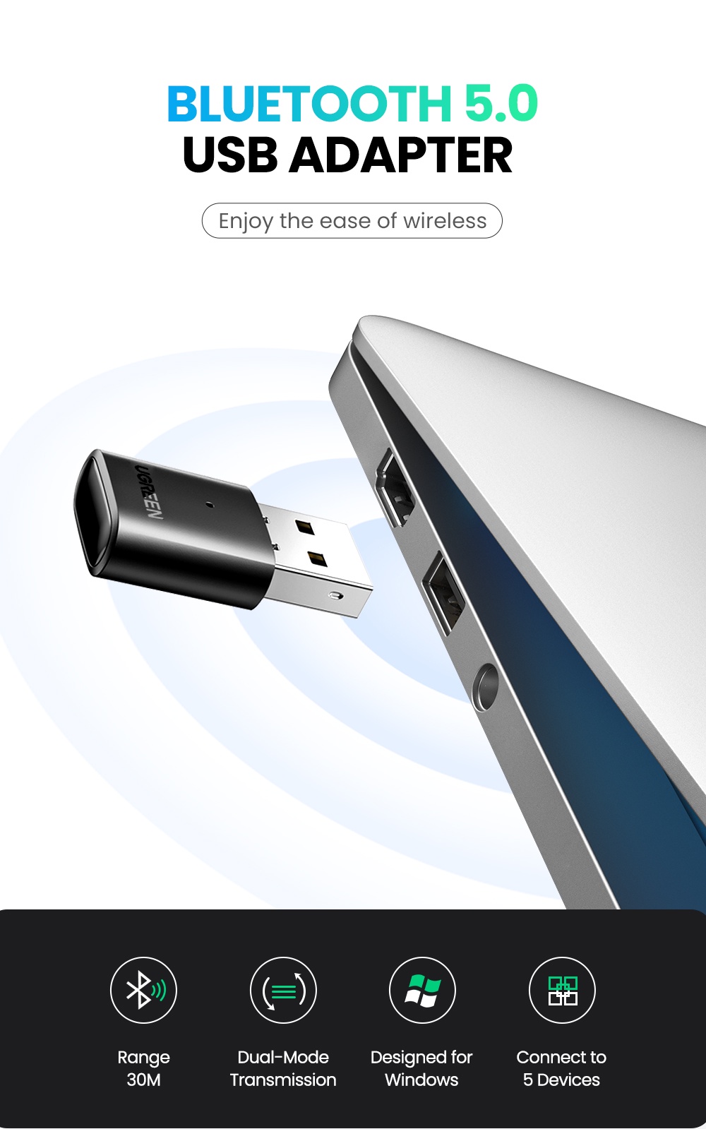 รูปภาพรายละเอียดของ UGREEN เครื่องรับส่งสัญญาณเสียงบลูทูธไร้สาย USB 5.0 4.0 สําหรับ PC Windows 10 8.1 7