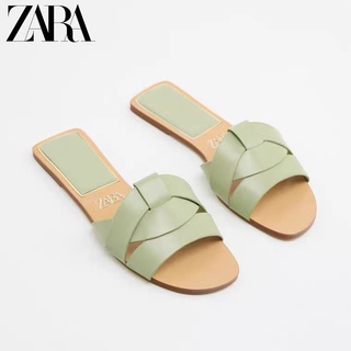 Zara รองเท้าแตะหนังวัว พื้นแบน สีเขียว แฟชั่นฤดูร้อน สําหรับผู้หญิง 2022