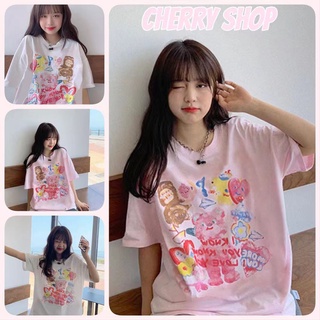 cherryshop พร้อมส่ง🔥เสื้อยืด🍀เสื้อยืดลำลองแขนสั้นพิมพ์ลายการ์ตูนสาวเกาหลี