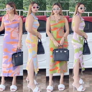 maxi dress เดรสแฟชั่นไหมพรม ลายทหาร คอปก แขนกุด โชว์ขาสวยเซ็กซี่เบาๆ ใส่แล้วดูสวย ดูคูล ดูแพงสุดๆ ไม่มีไม่ได้แล้ว