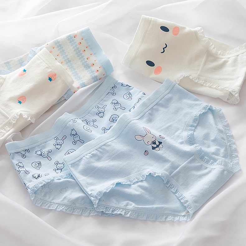 ab001-กางเกงชั้นในผู้หญิง-สไตล์ญี่ปุ่นเรียบง่ายสีฟ้า-ลายกระต่ายน่ารักผ้าฝ้าย