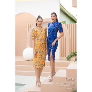 Carisa ชุดเดรส กี่เพ้า พิมพ์ลายนก&amp;ดอกไม้ แขนตุ๊กตาน่ารัก แต่งด้วยริ้วผ้าบริเวณไหล่เพิ่มความน่ารัก ผ่าข้าง มีซับใน [4175]