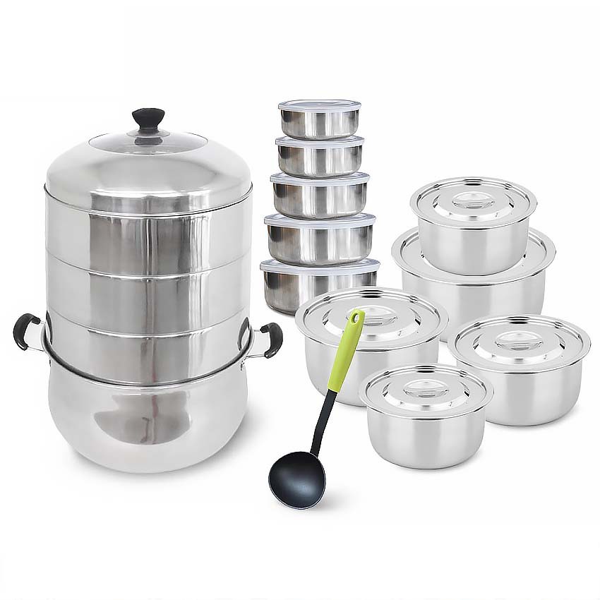 stainless-steamer-set-ชุดซึ้งนึ่ง-3-ชั้น-28-cm-หม้อแขก-5-ใบ-โถเงิน-5-ใบ-กระบวยไนล่อน