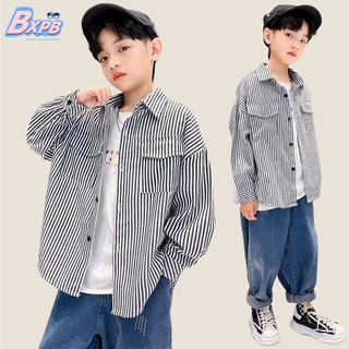 [BXPB] เสื้อเชิ้ตแขนยาวลําลอง ผ้าฝ้ายแท้ ทรงหลวม ลายทาง สวมใส่สบาย แฟชั่นสําหรับเด็กผู้ชาย อายุ 3-15 ปี