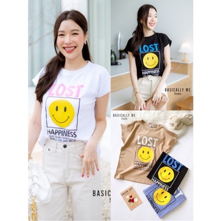 งานป้าย Basically me 🍒 เสื้อยืด คอกลม ไหล่ล้ำ ผ้าคอตตอน ซูพรีม เกรดพรีเมียม สกรีน smile lost happiness