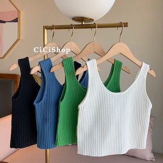 Cicishop(2993)เสื้อกล้ามครอปไหมพรมknit ผ้าทอร่องแน่นๆ ทรงเบสิคแมตช์ง่ายทุกลุค