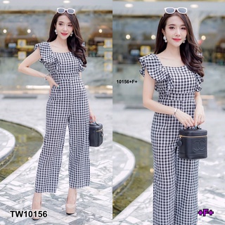 TW10156 Jumpsuit จั้มสูทคอเหลี่ยมสายระบายลายสก็อต งานผ้าทอเนื้อดีสุดๆ มีซิปหลัง เอวไม่สม็อค