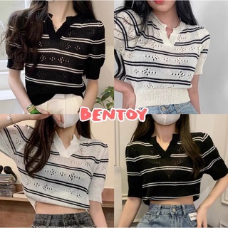 Bentoy(88110)เสื้อครอปไหมพรมลายทาง คอปก แขนสั้น หน้าวี ผ้านิ่ม ใส่สบาย