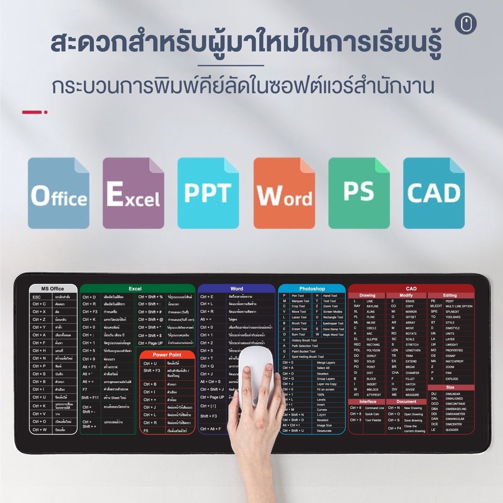 แผ่นรองเม้าส์ขนาดใหญ่-mouse-pad-แผ่นรองเม้าส์-shortcut-keys-สกรีนคีย์ลัด-โปรแกรม-ms-office-word-excel-ppt-ps-เล่นเกม