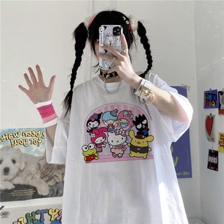 Harajuku การ์ตูน Gothic พิมพ์แขนสั้น Kuromi HelloKitty เสื้อยืดเสื้อฤดูร้อน Streetwear O-Neck สาวหวานเสื้อยืด
