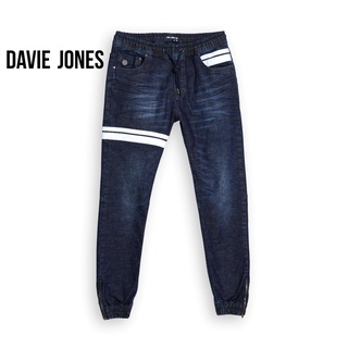 DAVIE JONES กางเกงจ็อกเกอร์ ยีนส์ เอวยางยืด ขาจั๊ม สีกรม คาดหนัง GP0134DN Drawstring Denim Joggers in dark blue