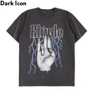 เสื้อยืดผู้หญิง - ไอคอนสีเข้ม Rhude ปาล์มฟ้าผ่าพิมพ์เสื้อยืดผู้ชายล้างมือทําให้เก่าสไตล์ถนนสูงแขนสั