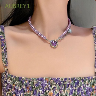 AUBREY1 Exquisite Love Heart Necklace Elegant Fashion Jewelry Women Stud Earrings Clavicle Chain Creative Purple Crystal Female Personality Temperament Korean Style Earrings