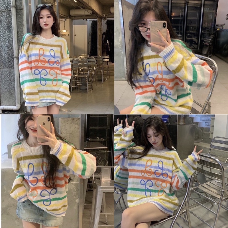 พร้อมส่ง-lw-sweater-สเวตเตอร์-ไหมพรม-กันหนาว-เสื้อแขนยาวไหมพรม-งานถัก-ทั้งตัว-สีสัน-สีรุ้ง-สุดฮิต-ต้องมีติดตู้นะคะ