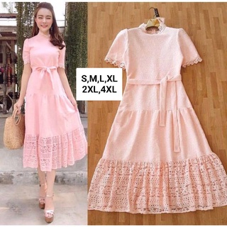 เดรสลูกไม้สีชมพู!!! S-4XL Maxi Dress เดรสสีชมพูผ้าลูกไม้ฉลุลายมีสายผูกเอว งานป้าย Love Love