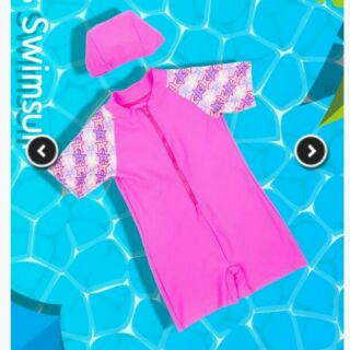 ชุดว่ายน้ำสำหรับเด็กพร้อมหมวก : สีชมพู