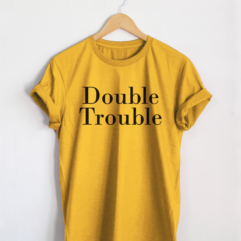 เสื้อยืดลาย-double-trouble-เสื้อคู่-เสื้อแฟน-เสื้อยืดวัยรุ่น-เสื้อยืดคู่รัก-เสื้อยืดตลกๆ-bh