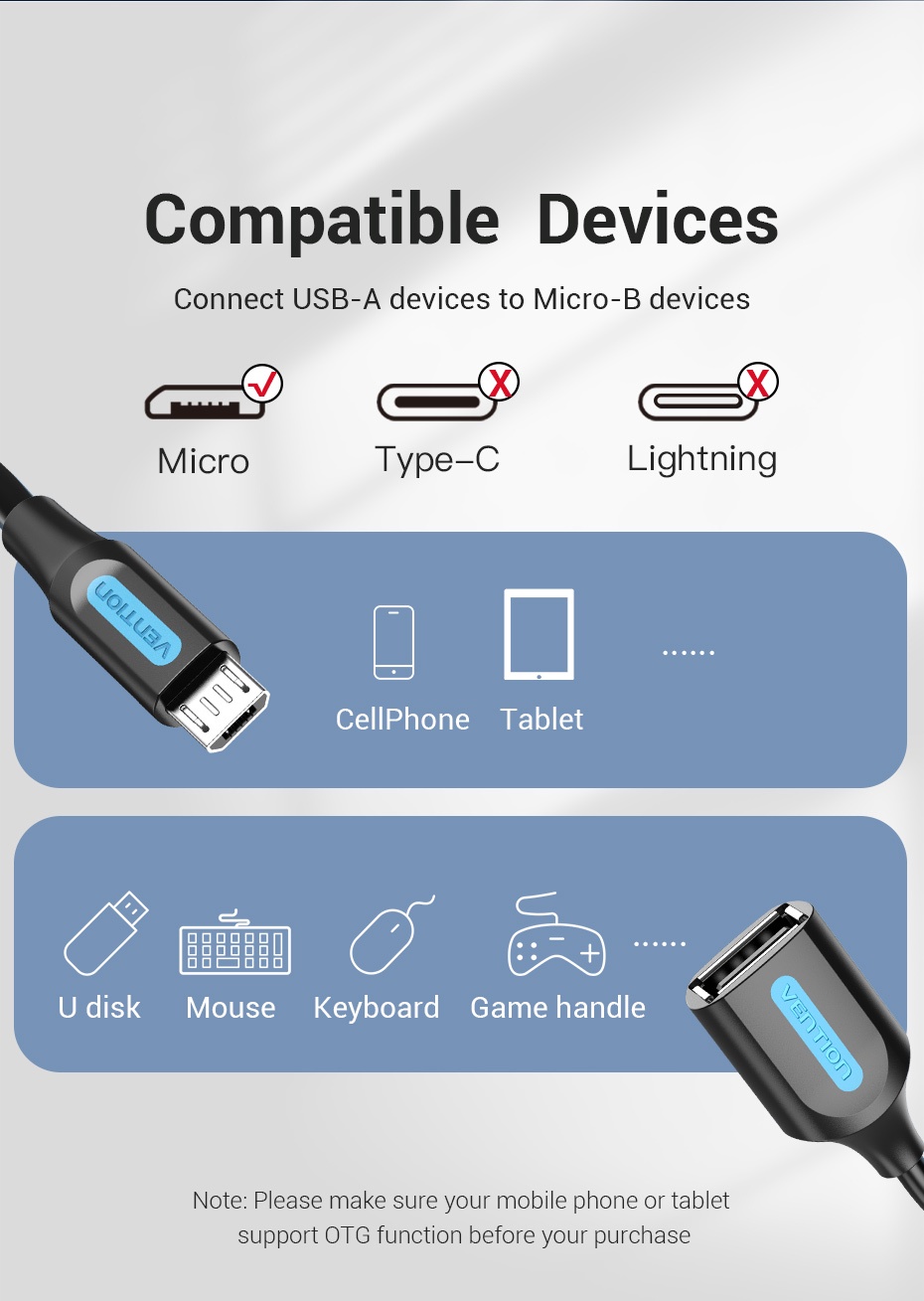 ข้อมูลประกอบของ Vention สาย Micro Usb Otg Usb 2.0 ตัวผู้ เป็น ตัวเมีย อะแดปเตอร์ สําหรับแท็บเล็ต โทรศัพท์มือถือ เมาส์คีย์บอร์ด เกมจับ