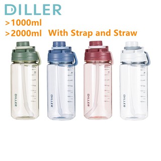 Diller Sports Large Capacity PC Water Bottle With Strap and Straw BPA Free Leakproof For Gym D42 (1000ml/2000ml)