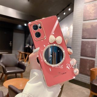 New Casing เคส OPPO Reno7 Pro Reno6 Z 6 Pro 5G Phone Case with Makeup Mirror and Pearl Butterfly Bow Soft Case Back Cover เคสโทรศัพท