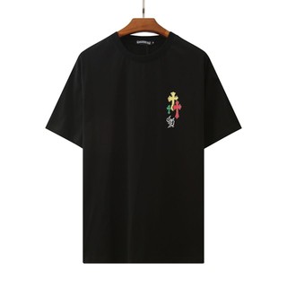 เสื้อผ้า Chrome HeartsChrome Hearts♟✖♛2021 ฤดูร้อนใหม่แบรนด์แฟชั่น Crowe heart Jesus cross เสื้อยืดลำลองแขนสั้นผ้าฝ้ายแ