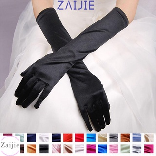 สินค้า Zaijie ถุงมือยาว ผ้าซาติน ยืดหยุ่น สีดํา สีขาว สีทอง หลากสี เหมาะกับงานพรอม ปาร์ตี้ งานแต่งงาน สําหรับผู้หญิง และผู้ใหญ่
