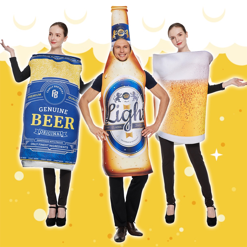 ภาพหน้าปกสินค้าพร้อมส่ง ชุดเบียร์ตลกสำหรับผู้ใหญ่ ชุดคอสเพลย์ขวดเบียร์สร้างสรรค์สำหรับบาร์เทศกาลเทศกาลแสดงอุปกรณ์ตกแต่ง เกมส์แต่งตัวแฟนซีปาร์ตี้ฮาโลวีน6 สไตล์ให้เลือก