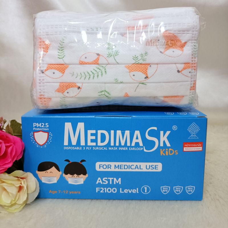 ภาพหน้าปกสินค้าพร้อมส่ง Medimask ASTM LV 1 size M เด็กโต ทางการแพทย์ สำหรับเด็กอายุ 7 - 12 ขวบ ป้องกันไวรัสได้ 99% ลายจิ้งจอกส้ม