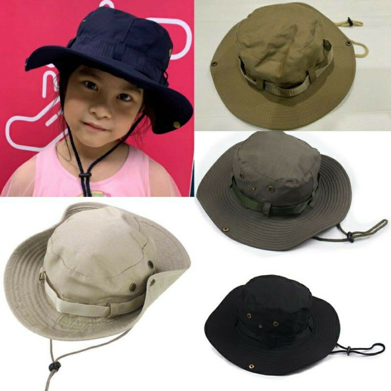 ภาพหน้าปกสินค้าหมวกเด็ก 2ปี-8ปี รอบศีรษะ : 53-54 cm. หมวกแฟชั่น ปีกรอบเดินป่า ทรงบัคเก็ต ผ้า COTTON สีพื้น ปีกหมวกพับได้