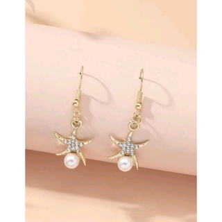 ต่างหูแฟชั่น ต่างหูปลาดาว ต่างหูมุก Rhinestone Starfish &amp; Faux Pearl Drop Earrings (ส่งจากไทย)