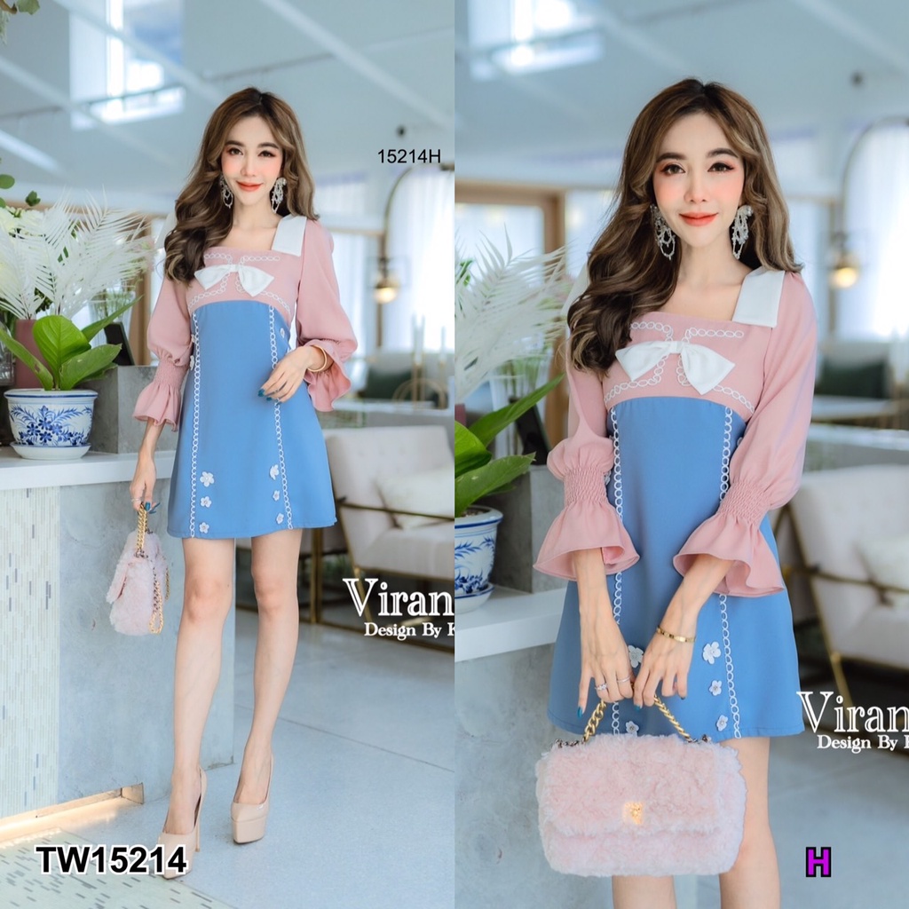 tw15214-เดรสแขนพอง-แขนยาว-สม้อคแขนปลายแขนบาน-อกติดโบว์-ติดลูกไม้ขาวกลมเรียงยาว-กระโปรงทรงเข้ารูป-ผ้าซาร่า