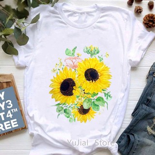 เสื้อยืด Watercolor Sunflower Flowers Print Tshirts Women Vogue Funny T Shirt Femme Summer Short Sleeve T-Shirt Female