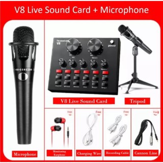 แถมฟรีขาตั้ง+ไมค์+หูฟัง!! ชุดกล่องเสียงเอฟเฟค ซาวด์การ์ด singing live soundcard v8 Bluetooth