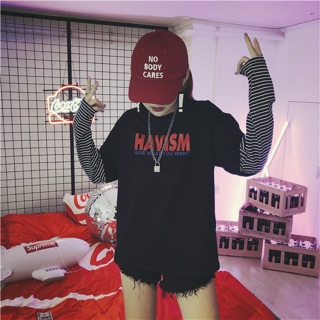 TJเสื้อยืดแฟชั่น คอกลม แขนยาวแต่งผ้าต่อลายขวาง เสื้อสีดำ ลาย HAVISM รหัสสินค้า CK49099 ดำ