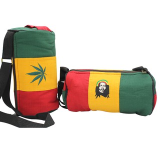 กระเป๋าสะพายข้างทรงกระบอกสไตล์ราสต้า ปักลายบ็อบมาร์เลย์ ใบกัญชา สีเขียวเหลืองแดง วัสดุผ้าฝ้าย งานฝีมือ Northernthai
