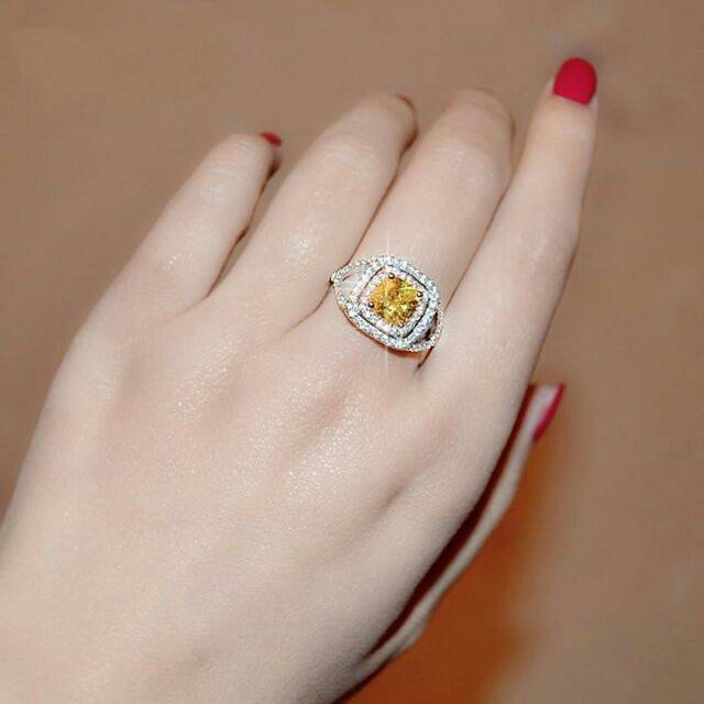 แหวนทองคำขาว-18k-white-gold-plated-ประดับเพชร-cz-สีเหลืองบุษราคัม-ดีไซน์สุดหรู