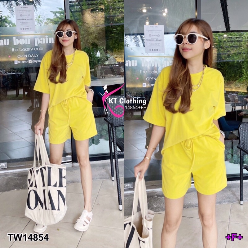 tw14854-set-2-ชิ้น-เสื้อยืดคอกลม-แขนสั้น-มาคู่กับกางเกงขาสั้น-เอวสม็อกเชือกรูด-มีกระเป๋าข้างสองข้าง-เนื้อผ้ายืดเกาหลี