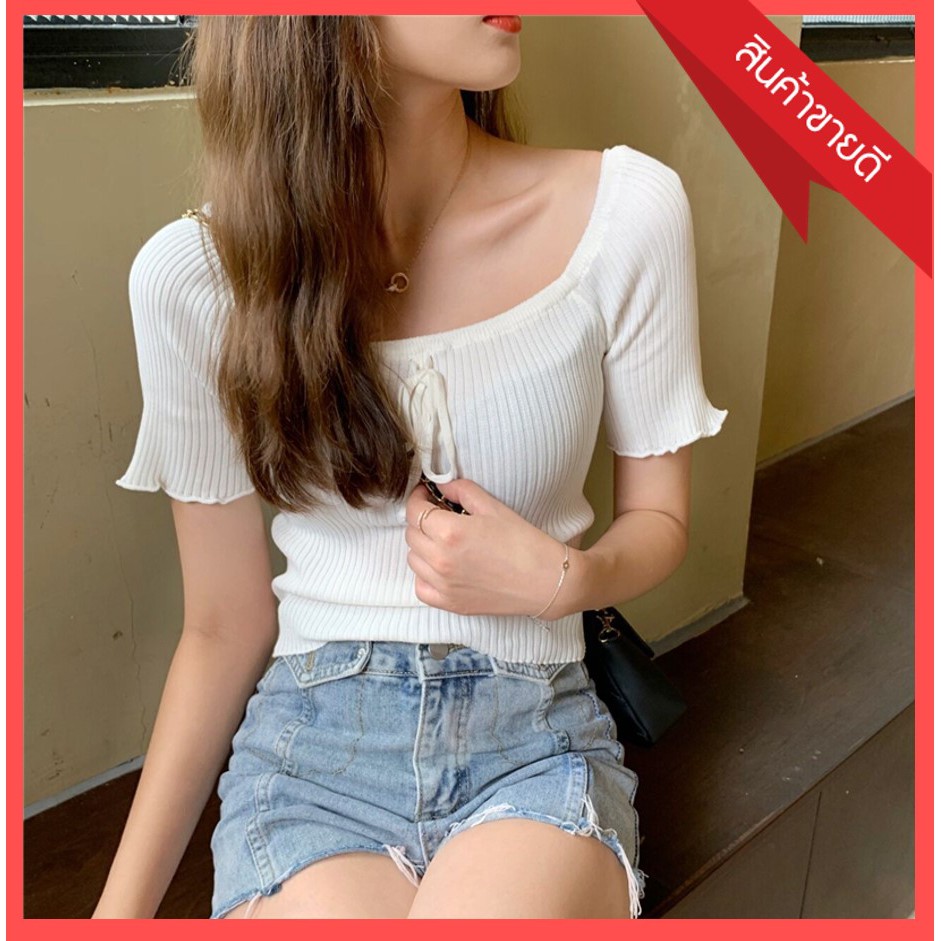 anacami-เสื้อแฟชั่นเกาหลี-เลื้อครอปไหมพรม-ผ้านิ่มใส่สบาย-รุ่น-1064