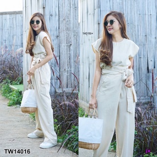 TW14016  Set 2 ชิ้น เสื้อคอกลมแขนล้ำ มีกระดุมด้านหลัง กับกาางเกงขายาวผูกเอว เนื้อผ้าลินิน