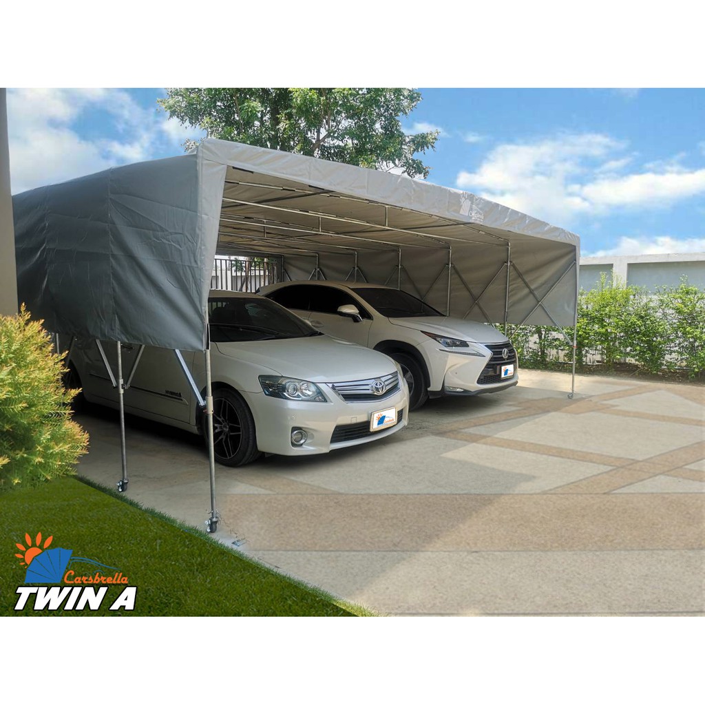 โรงจอดรถสำเร็จรูป-เต็นท์จอดรถพับได้-carsbrella-รุ่น-twin-a-เหมาะสําหรับรถยนต์ขนาดเล็กถึงขนาดกลางสามารถจอดรถได้-2-3-คัน