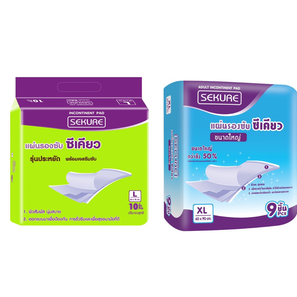 (มี 2 ขนาด) Sekure Incontinent Pad ซีเคียว แผ่นรองซับพร้อมเจลซึมซับ
