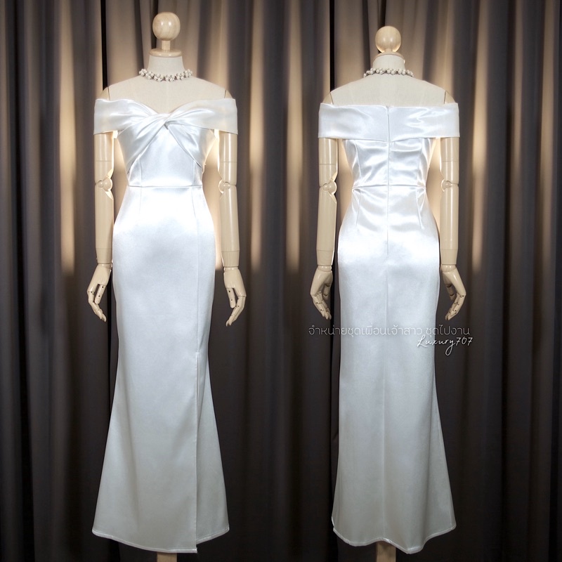 ชุดเจ้าสาวหรูมินิมอล อกทวิตพรางแขน เปิดไหล่ ผ้า Duchess Satin ไซส์ S-3XL จัดส่งเร็ว มุมมองที่ 3