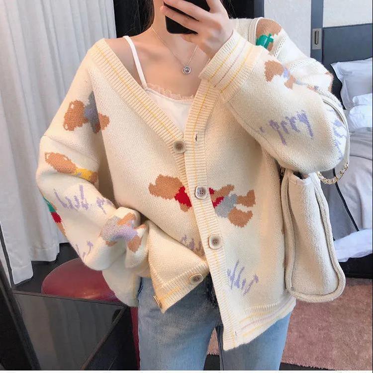 เสื้อคาร์ดิแกน-คอวี-ชนิดผ้าถัก-ทรงหลวม-สำหรับสตรี-เสื้อกันหนาวลายหมี