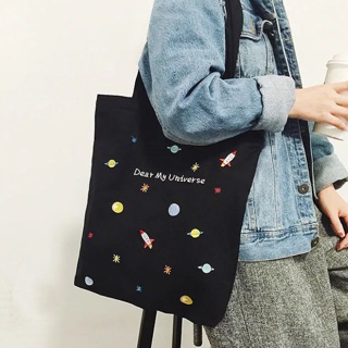 🚩universe bag กระเป๋าผ้าราคาน่ารักด้วย มีให้เลือก 3สี -ฟ้า/ชมพู/ดำ (มีสายสั้นและยาวจ้า)