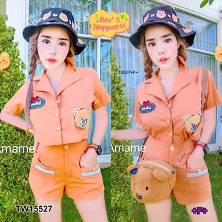 TW15527 Set 2 ชิ้น เสื้อทรงครอปแขนสั้นกระดุมหน้า อกปักหมีสุดน่ารัก เนื้อผ้าคอตตอนทอ มาพร้อมกางเกงเอวสม็อคหลังขาสั้นผ้าทอ