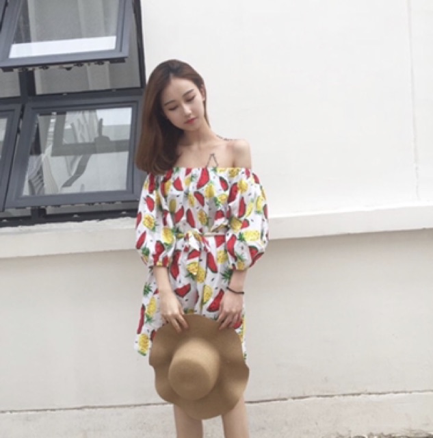 pineapple-off-shoulder-dress-เดรสเปิดไหล่ลายสัปปะรดแตงโม